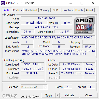 AMD A8-9600 @ 3393.12 MHz - CPU-Z VALIDATOR