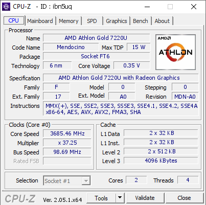 AMD Athlon Gold 7220U 3685.46 MHz CPU Z VALIDATOR