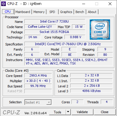 Intel Core i7 7200U @ 2993.4 MHz - CPU-Z VALIDATOR