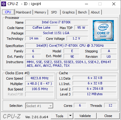 Intel Core i7 8700K @ 4823.8 MHz - CPU-Z VALIDATOR