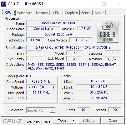 Intel Core i9 10900KF @ 4398.1 MHz - CPU-Z VALIDATOR