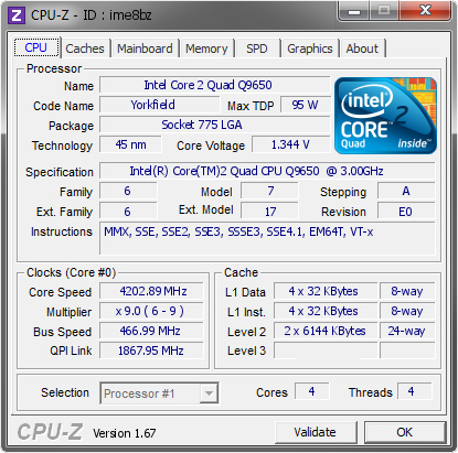 Intel Core 2 Quad Q9650 @ 4202.89 MHz - CPU-Z VALIDATOR