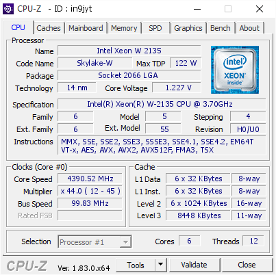 Intel Xeon W 2135 @ 4390.52 MHz - CPU-Z VALIDATOR