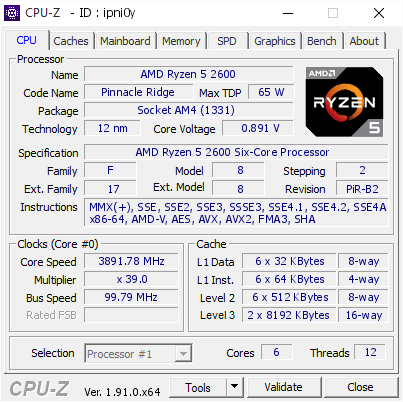 AMD Ryzen 5 2600 @ 3891.78 MHz - CPU-Z VALIDATOR