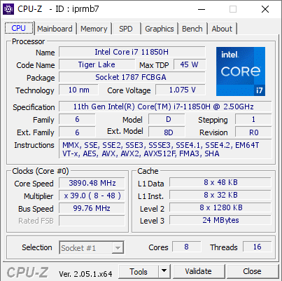 Intel Core i7 11850H @ 3890.48 MHz - CPU-Z VALIDATOR