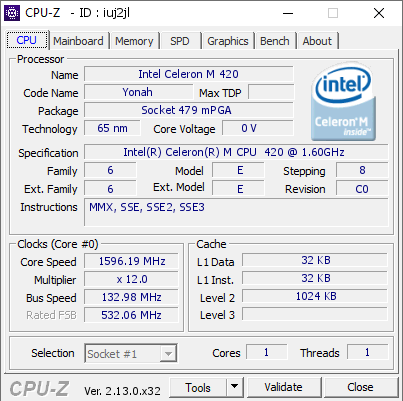 screenshot of CPU-Z validation for Dump [iuj2jl] - Submitted by   Acer Travelmate 2490  - 2025-02-05 20:21:13