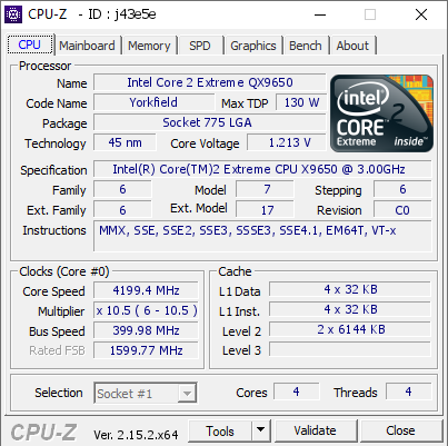 screenshot of CPU-Z validation for Dump [j43e5e] - Submitted by  QX9650-PC  - 2025-05-11 07:43:05