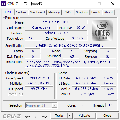 Intel Core i5 10400 @ 3989.24 MHz - CPU-Z VALIDATOR
