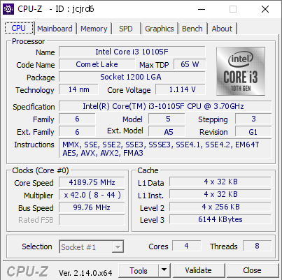 Intel Core i3 10105F @ 4189.75 MHz - CPU-Z VALIDATOR