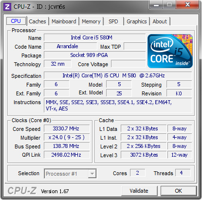 Intel Core I5 580m 3330 7 Mhz Cpu Z Validator