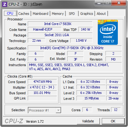 Intel Core i7 5820K @ 4747.69 MHz - CPU-Z VALIDATOR