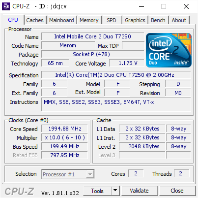screenshot of CPU-Z validation for Dump [jdcjcv] - Submitted by  WINDOWSXPPRO  - 2017-12-10 23:14:22