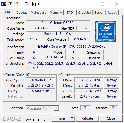 Intel Celeron G3930 @ 2896.46 MHz - CPU-Z VALIDATOR