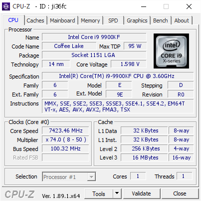 Intel Core i9 9900KF @ 7423.46 MHz - CPU-Z VALIDATOR