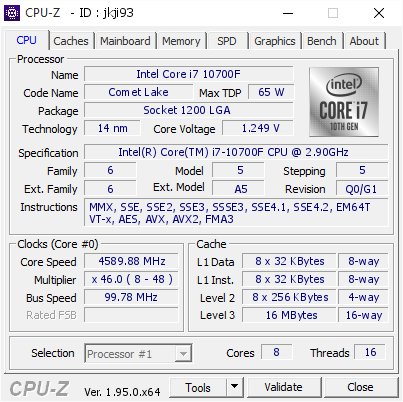 Intel Core i7 10700F @ 4589.88 MHz - CPU-Z VALIDATOR