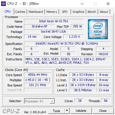 Intel Xeon W-3175X @ 4556.44 MHz - CPU-Z VALIDATOR