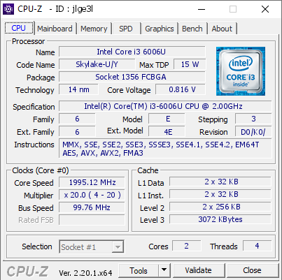 screenshot of CPU-Z validation for Dump [jlge3l] - Submitted by  LAPTOP-0POOCSJC  - 2026-05-27 19:28:31