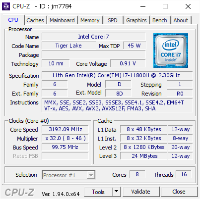 screenshot of CPU-Z validation for Dump [jm7784] - Submitted by  DESKTOP-0O2NN6R  - 2021-07-26 08:29:50