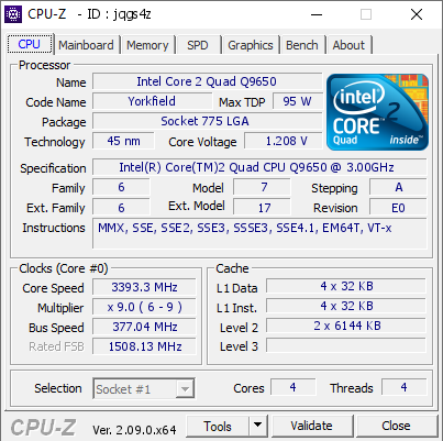 Intel Core 2 Quad Q9650 @ 3393.3 MHz - CPU-Z VALIDATOR