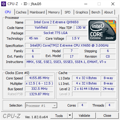 Intel Core 2 Extreme QX9650 @ 4155.85 MHz - CPU-Z VALIDATOR