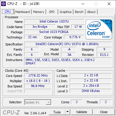 screenshot of CPU-Z validation for Dump [jxi180] - Submitted by  TOMMY-MINI2  - 2023-08-11 04:12:58