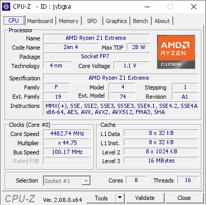 AMD Ryzen Z1 Extreme @ 4482.74 MHz - CPU-Z VALIDATOR