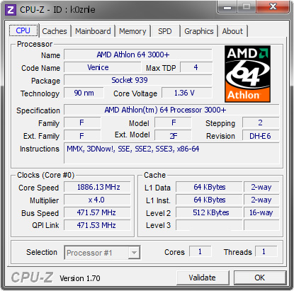 AMD Athlon 64 3000 1886.13 MHz CPU Z VALIDATOR