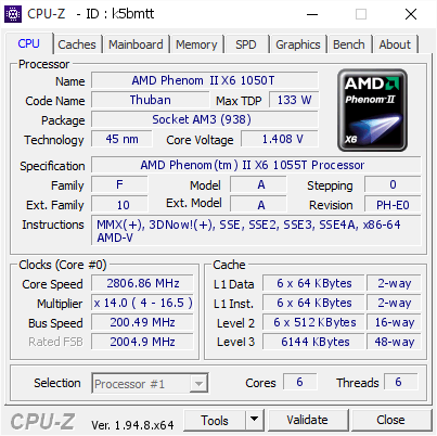 screenshot of CPU-Z validation for Dump [k5bmtt] - Submitted by  AMD6CORE  - 2021-01-04 00:52:47