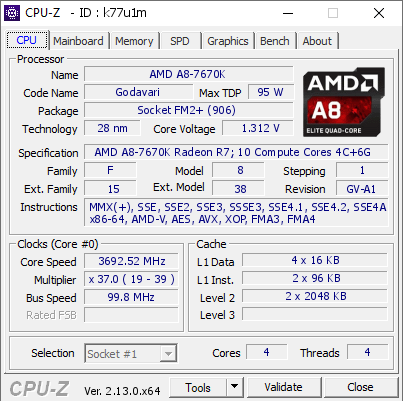 screenshot of CPU-Z validation for Dump [k77u1m] - Submitted by  Anonymous  - 2025-02-13 09:57:25