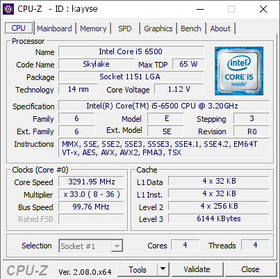 Intel Core i5 6500 @ 3291.95 MHz - CPU-Z VALIDATOR