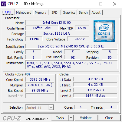 Intel Core i3 8100 @ 3592.08 MHz - CPU-Z VALIDATOR