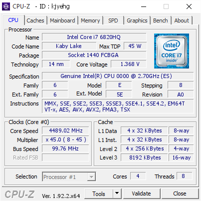 screenshot of CPU-Z validation for Dump [kjyehg] - Submitted by  DESKTOP-LU8A0GU  - 2020-07-29 15:03:56