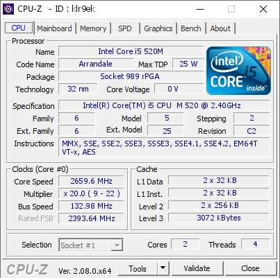 screenshot of CPU-Z validation for Dump [klr9ek] - Submitted by  THINKPAD-T410  - 2024-03-04 13:59:09