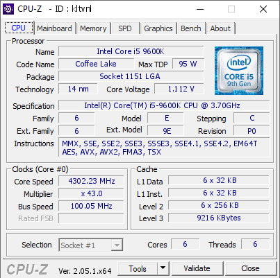 Intel Core i5 9600K @ 4302.23 MHz - CPU-Z VALIDATOR