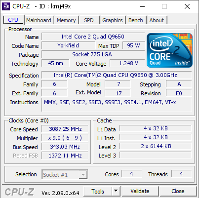 Intel Core 2 Quad Q9650 @ 3087.25 MHz - CPU-Z VALIDATOR