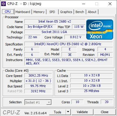 Intel Xeon E5 2680 v2 @ 3092.25 MHz - CPU-Z VALIDATOR