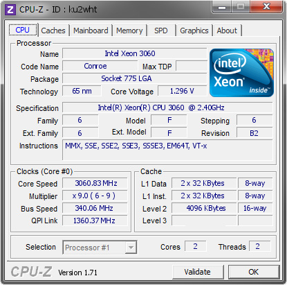 Intel Xeon 3060 @ 3060.83 MHz - CPU-Z VALIDATOR