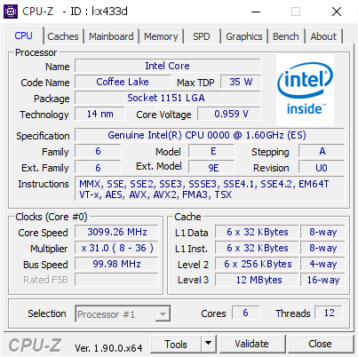screenshot of CPU-Z validation for Dump [kx433d] - Submitted by  DESKTOP-CRPO1I9  - 2019-09-19 16:28:01