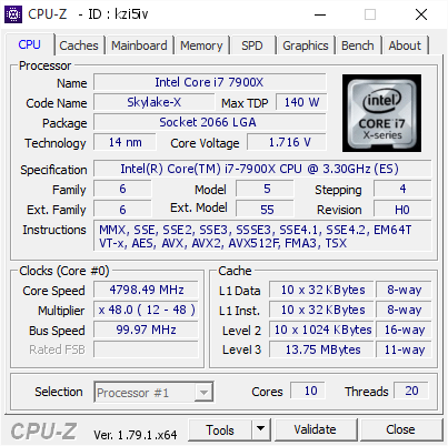 Intel Core i7 7900X @ 4798.49 MHz - CPU-Z VALIDATOR