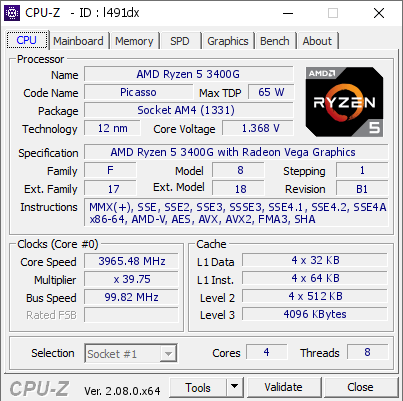 AMD Ryzen 5 3400G 3965.48 MHz CPU Z VALIDATOR