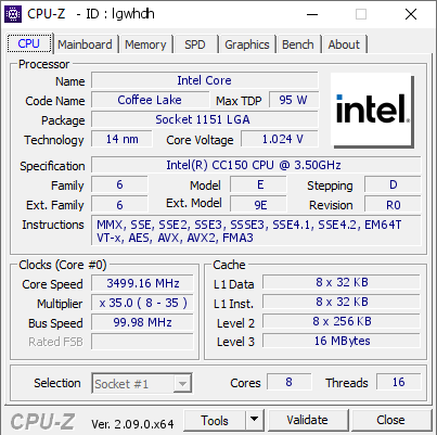 screenshot of CPU-Z validation for Dump [lgwhdh] - Submitted by  Anonymous  - 2024-05-08 09:50:31
