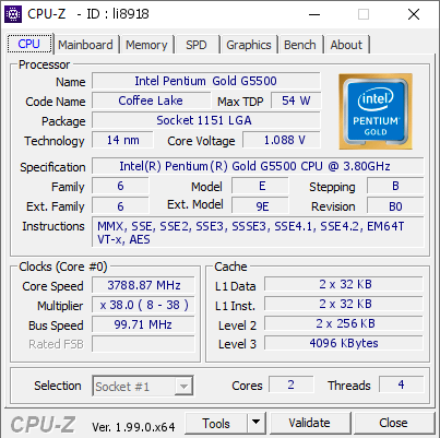 screenshot of CPU-Z validation for Dump [li8918] - Submitted by  G5500 + AsRock H310 + 8GB + SSD  - 2022-06-27 10:54:01