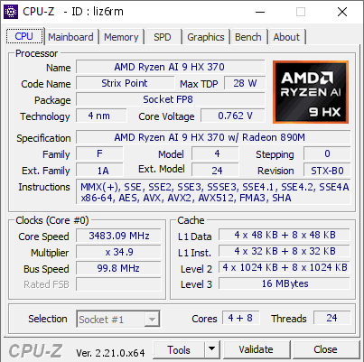 screenshot of CPU-Z validation for Dump [liz6rm] - Submitted by  Anonymous  - 2026-08-20 16:29:37