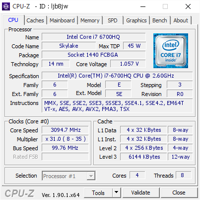 Intel Core i7 6700HQ @ 3094.7 MHz - CPU-Z VALIDATOR