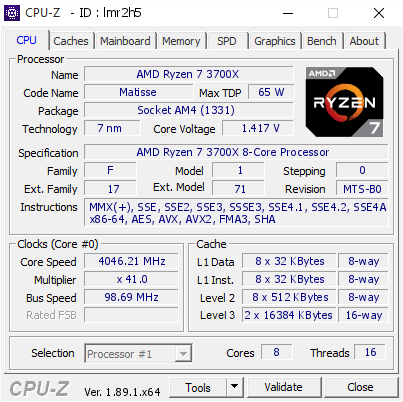 AMD Ryzen 7 3700X @ 4046.21 MHz - CPU-Z VALIDATOR