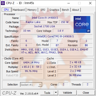 screenshot of CPU-Z validation for Dump [lnm45s] - Submitted by  tomekmak  - 2024-10-14 02:00:34