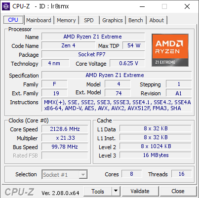 AMD Ryzen Z1 Extreme @ 2128.6 MHz - CPU-Z VALIDATOR
