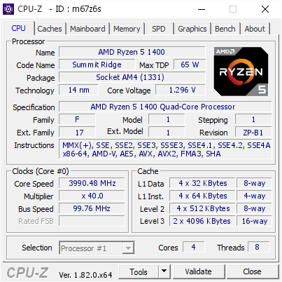 AMD Ryzen 5 1400 @ 3990.48 MHz VALIDATOR