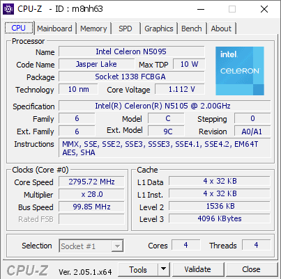 Intel Celeron N5095 @ 2795.72 MHz - CPU-Z VALIDATOR