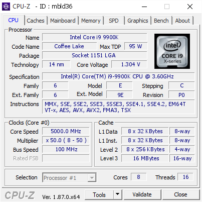 Intel Core I9 9900k 5000 Mhz Cpu Z Validator